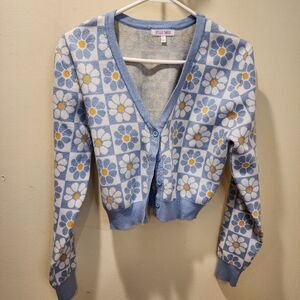 Stella Tweed Y2K Daisy Print V neck button Down Crop sweater size M